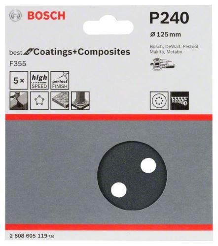 BOSCH F355 csiszolópapír, 5 125 mm-es csomag, 240 2608605119