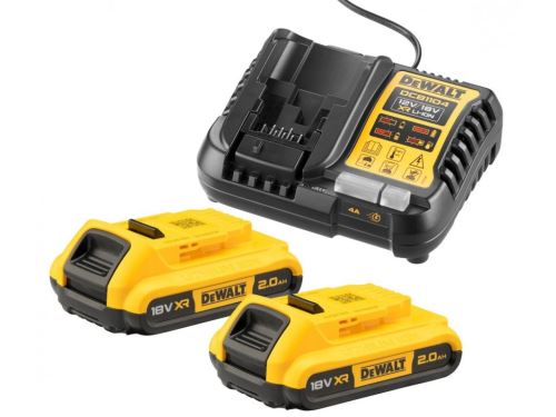 DEWALT XR TÖLTŐ + 2 db 18V AKKUMULÁTOR 2,0 AH DCB1104D2 KAPACITÁSSAL