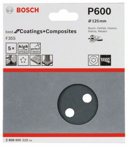 BOSCH F355 csiszolópapír, 5 125 mm-es csomag, 600 2608605122