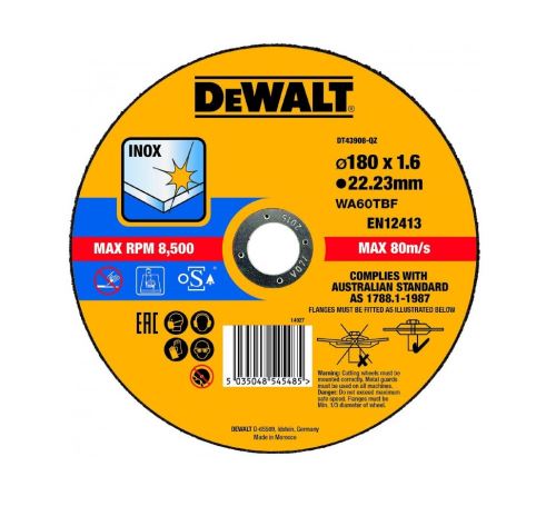 DEWALT Vágótárcsa rozsdamentes acélhoz (1. típus) 180 x 22,2 x 1,6 mm DT43908