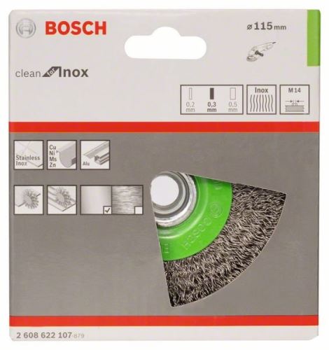 BOSCH tárcsás drótkefe, hullámos huzal, 115, rozsdamentes acél 115 mm, 0,3 mm, M14 2608622107