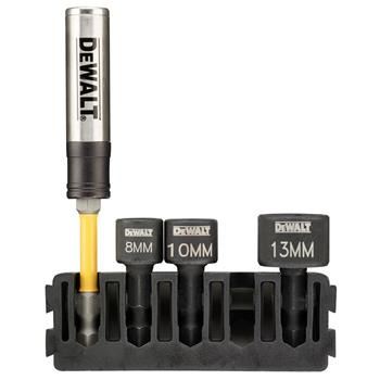 DEWALT Tartók és szorítófejek készlete (5 db) / bittartó + szorítófejek 8mm, 10mm, 13mm + Torsion bit tartó DT70826