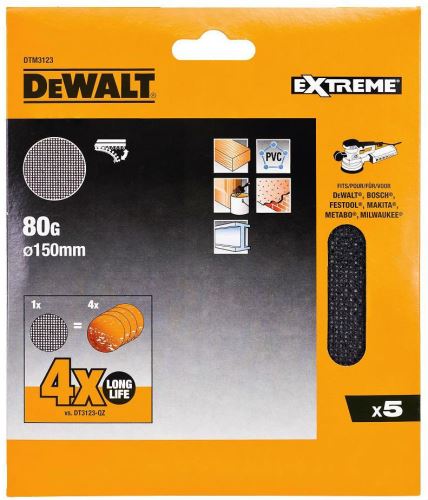 DEWALT EXTREME P80 csiszolőrács excentercsiszolókhoz, 150 mm, (10 db) DTM3133