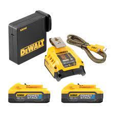 DeWalt 18V 2x5,0Ah Li-Ion PowerStack USB-adapterrel és DCB094 töltővel a DCB094H2 dobozban