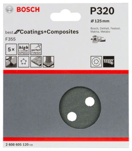 BOSCH F355 csiszolópapír, 5 125 mm-es csomag, 320 2608605120