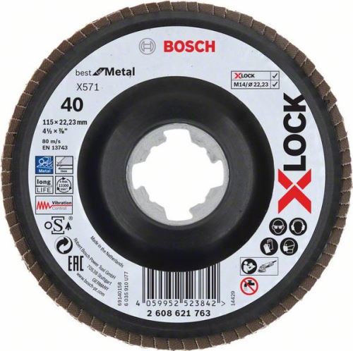 BOSCH X-LOCK lapos csiszolókorongok a Best for Metal rendszerhez Ø 115 mm, G 40, X571, hajlított változat, műanyag 2608621763