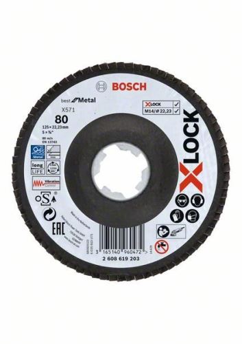 BOSCH X-LOCK lapos csiszolókorongok a Best for Metal rendszerhez Ø 125 mm, G 80, X571, hajlított változat, üvegszálas 2608619203