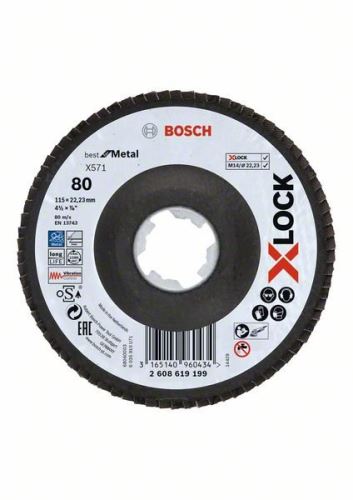 BOSCH X-LOCK lapos csiszolókorongok a Best for Metal rendszerhez Ø 115 mm, G 80, X571, hajlított változat, üvegszálas 2608619199