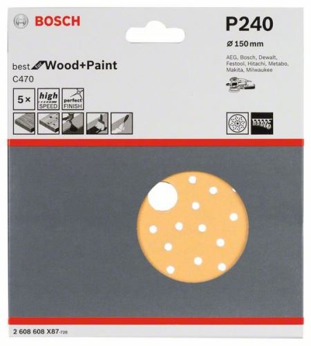 BOSCH C470 csiszolópapírok excentercsiszolókhoz, Best for Wood and Paint, átmérő 150 mm, 240 többszörös perforáció (5 db) 2608608X87