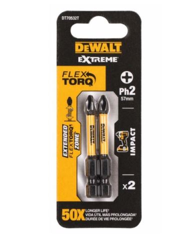 DEWALT Torziós csavarhúzó bit 57 mm, PH2, EXTREME (2 db) DT70532T