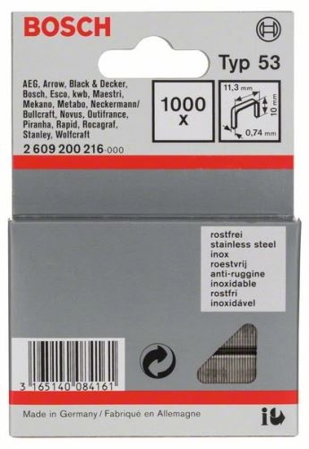 BOSCH Tűzőkapcsok vékony huzalból, 53. típus, 53. típusú rozsdamentes acél; L = 10 mm (1000 db) 2609200216