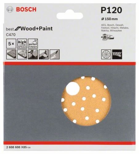 BOSCH C470 csiszolópapírok excentercsiszolókhoz, Best for Wood and Paint, 150 mm átmérő, 120 többszörös perforáció (5 db) 2608608X85