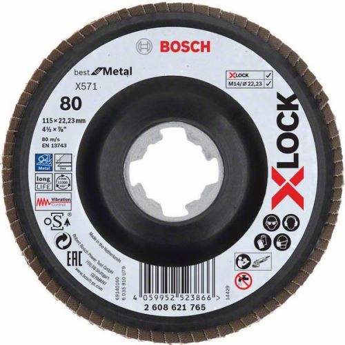 BOSCH X-LOCK lapos csiszolókorongok a Best for Metal rendszerhez Ø 115 mm, G 80, X571, hajlított változat, műanyag 2608621765