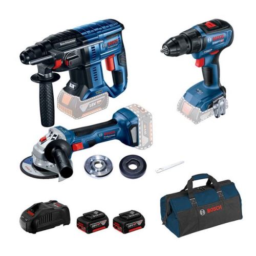 Bosch Professional készlet: GBH 180-LI + GSR 18V-50 + GWS 180-LI + 2× GBA 18V 5.0Ah + 0615990M32