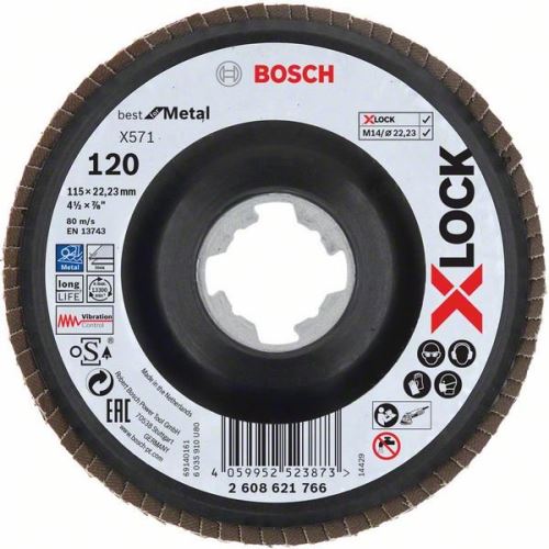 BOSCH X-LOCK lapos csiszolókorongok a Best for Metal rendszerhez Ø 115 mm, G 120, X571, hajlított változat, műanyag 2608621766