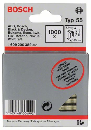 BOSCH Keskeny tűzőgép, 55-ös típus, laminált 6 x 1,08 x 19 mm (1000 db) 1609200389