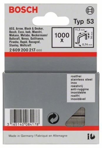 BOSCH Tűzőkapcsok vékony huzalból, 53. típus, 53. típusú rozsdamentes acél; L = 14 mm (1000 db) 2609200217