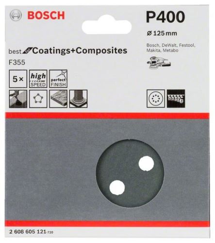 BOSCH F355 csiszolópapír, 5 125 mm-es csomag, 400 2608605121