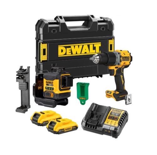 Dewalt készlet: lézer DCLE34031 + fúró DCD805 + 2x akkumulátor + töltő + tok DCK2095D2T